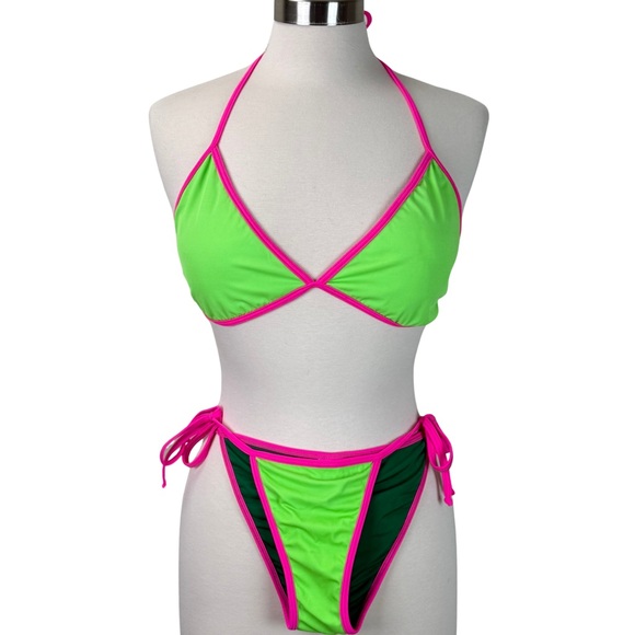 UjENA Green and Pink Bikini String Bikini Sexy Swimwear 1X Top/Large Bottom - Picture 1 of 16